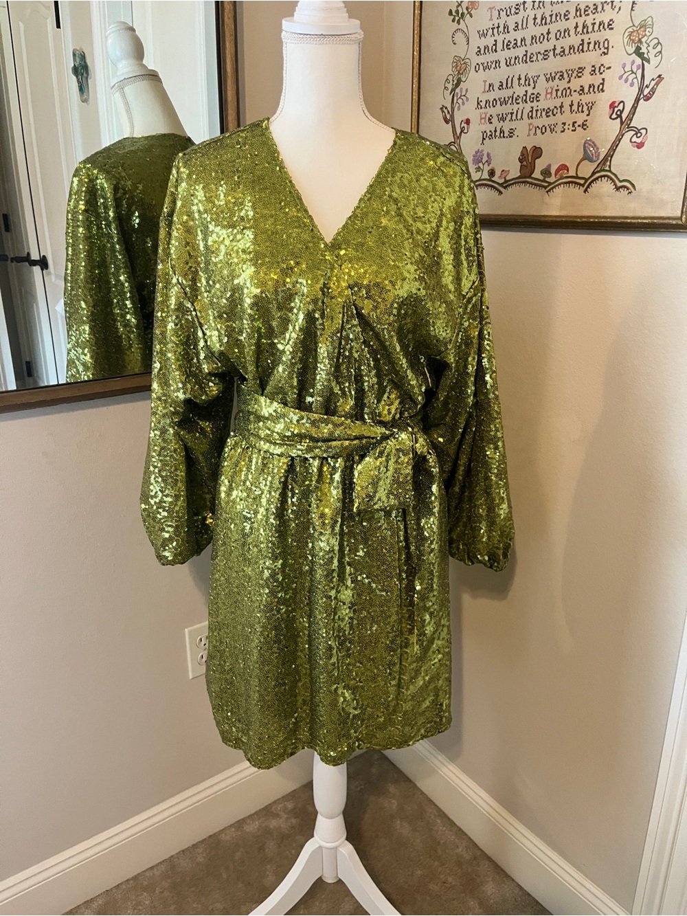 Anthropologie Chartreuse Green Sequin V-Neck Belted Long Sleeve Dress